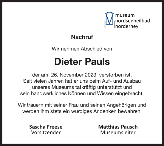 Traueranzeige von Dieter Pauls von Ostfriesischer Kurier GmbH