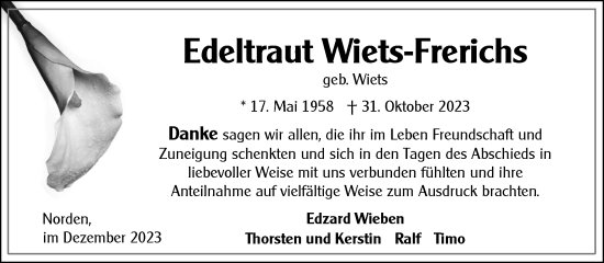 Traueranzeige von Edeltraut Wiets-Frerichs von Ostfriesischer Kurier GmbH