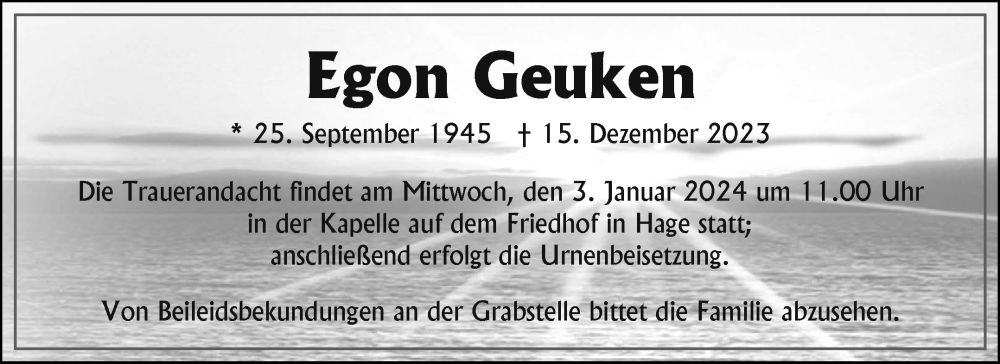  Traueranzeige für Egon Geuken vom 30.12.2023 aus Ostfriesischer Kurier GmbH