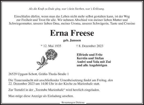 Traueranzeige von Erna Freese von Ostfriesischer Kurier GmbH