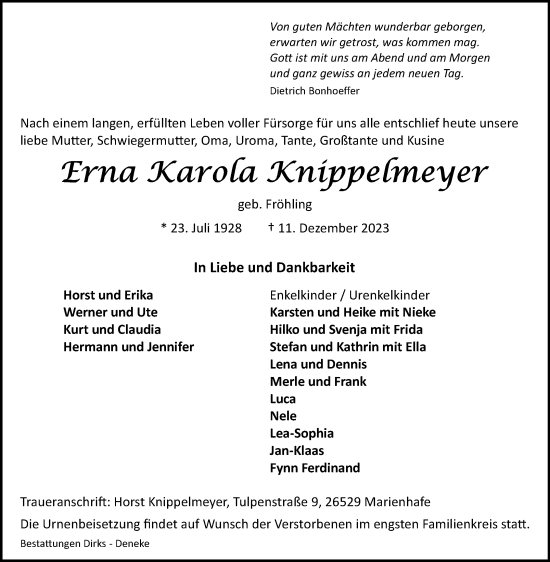 Traueranzeige von Erna Karola Knippelmeyer von Ostfriesischer Kurier GmbH