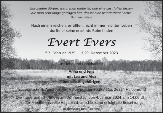 Traueranzeige von Evert Evers von Ostfriesischer Kurier GmbH