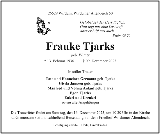 Traueranzeige von Frauke Tjarks von Ostfriesischer Kurier GmbH