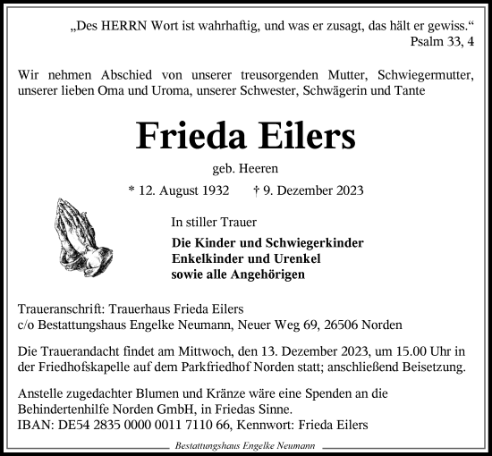 Traueranzeige von Frieda Eilers von Ostfriesischer Kurier GmbH