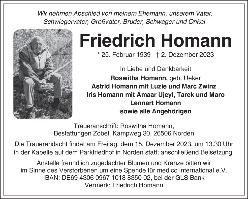 Traueranzeige für Friedrich Homann vom 09.12.2023 aus Ostfriesischer Kurier GmbH