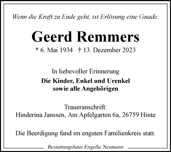 Traueranzeige von Geerd Remmers von Ostfriesischer Kurier GmbH