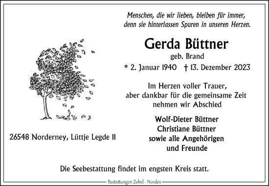 Traueranzeige von Gerda Büttner von Ostfriesischer Kurier GmbH
