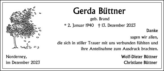 Traueranzeige von Gerda Büttner von Ostfriesischer Kurier GmbH