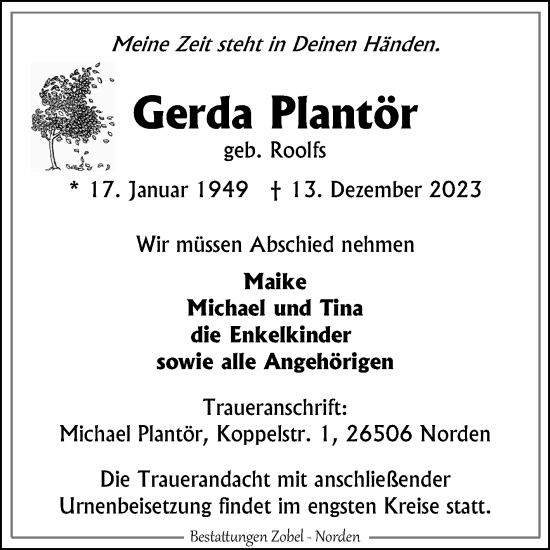 Traueranzeige von Gerda Plantör von Ostfriesischer Kurier GmbH