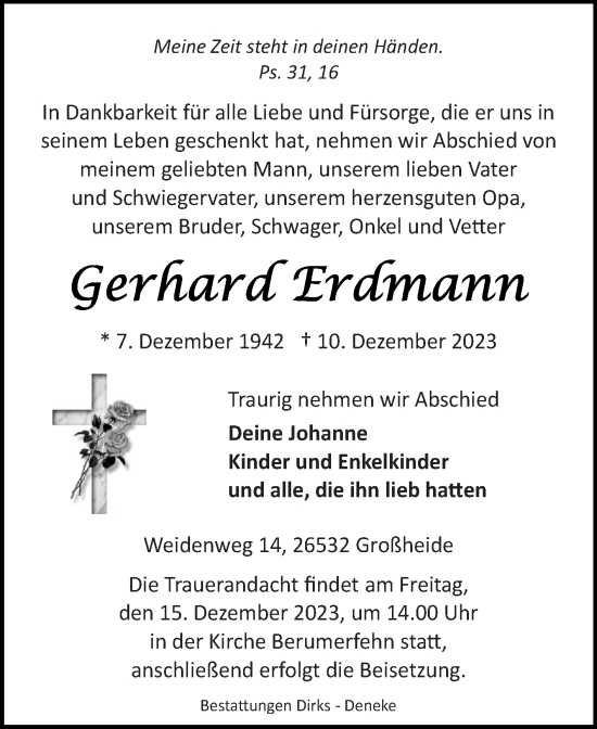 Traueranzeige von Gerhard Erdmann von Ostfriesischer Kurier GmbH
