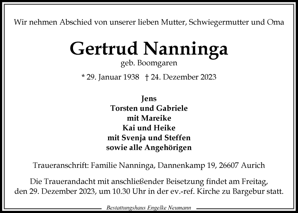  Traueranzeige für Gertrud Nanninga vom 27.12.2023 aus Ostfriesischer Kurier GmbH