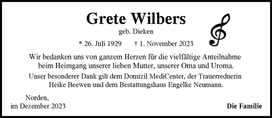 Traueranzeige von Grete Wilbers von Ostfriesischer Kurier GmbH