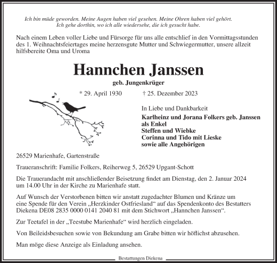 Traueranzeige von Hannchen Janssen von Ostfriesischer Kurier GmbH
