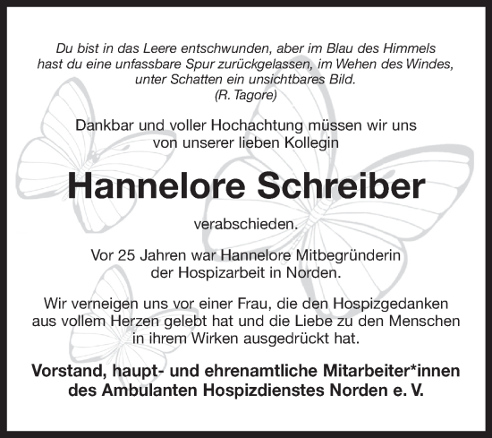 Traueranzeige von Hannelore Schreiber von Ostfriesischer Kurier GmbH