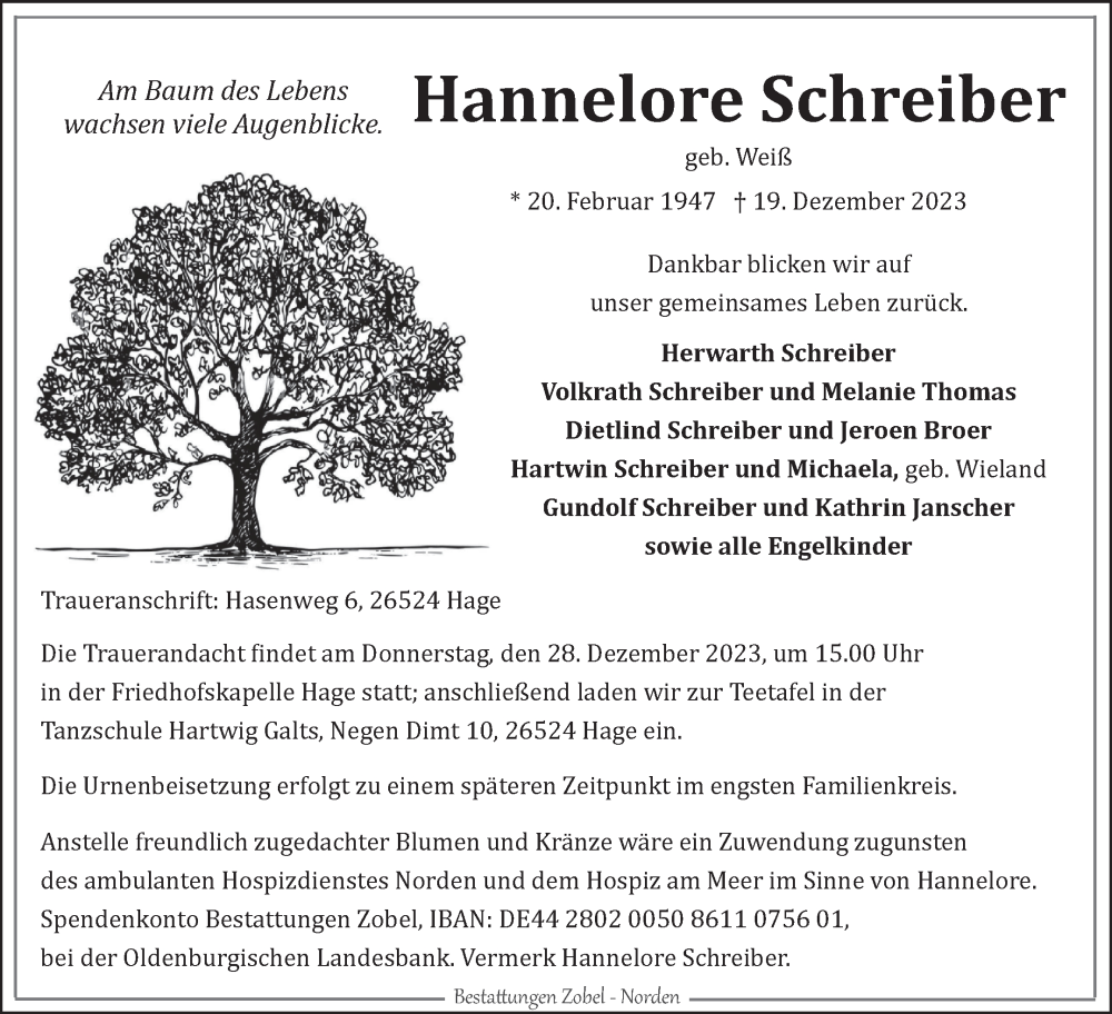  Traueranzeige für Hannelore Schreiber vom 23.12.2023 aus Ostfriesischer Kurier GmbH