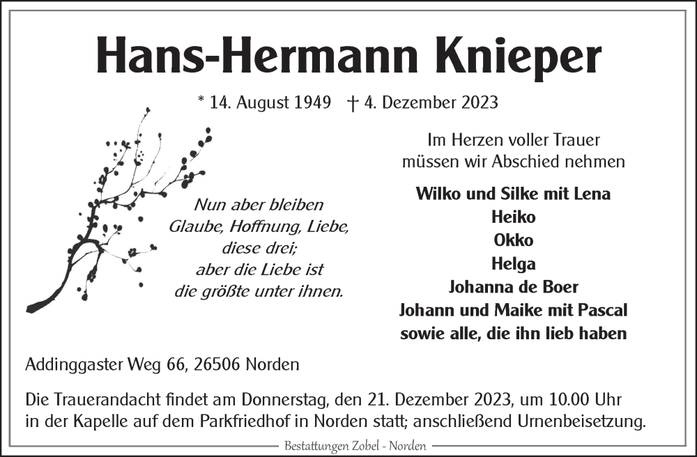  Traueranzeige für Hans-Hermann Knieper vom 09.12.2023 aus Ostfriesischer Kurier GmbH