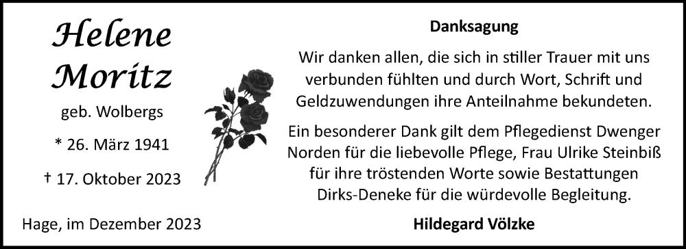  Traueranzeige für Helene Moritz vom 02.12.2023 aus Ostfriesischer Kurier GmbH