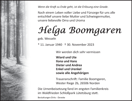 Traueranzeige von Helga Boomgaren von Ostfriesischer Kurier GmbH
