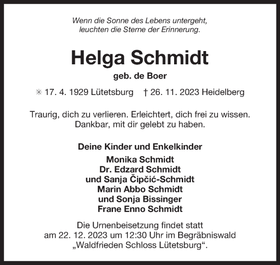 Traueranzeige von Helga Schmidt von Ostfriesischer Kurier GmbH