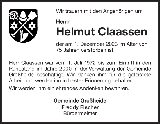 Traueranzeige von Helmut Claassen von Ostfriesischer Kurier GmbH