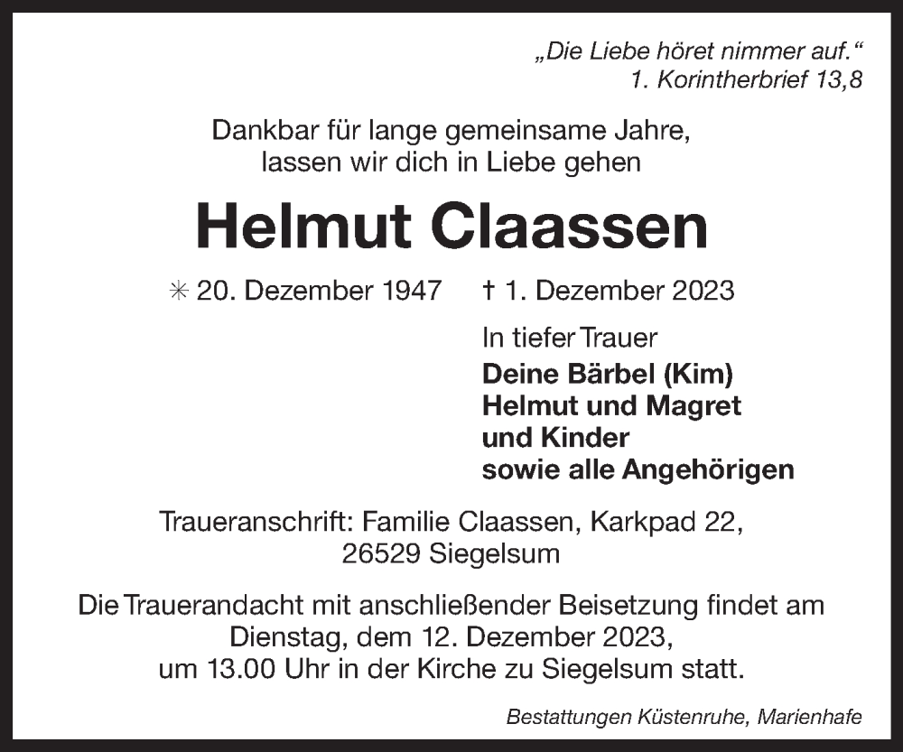  Traueranzeige für Helmut Claassen vom 09.12.2023 aus Ostfriesischer Kurier GmbH