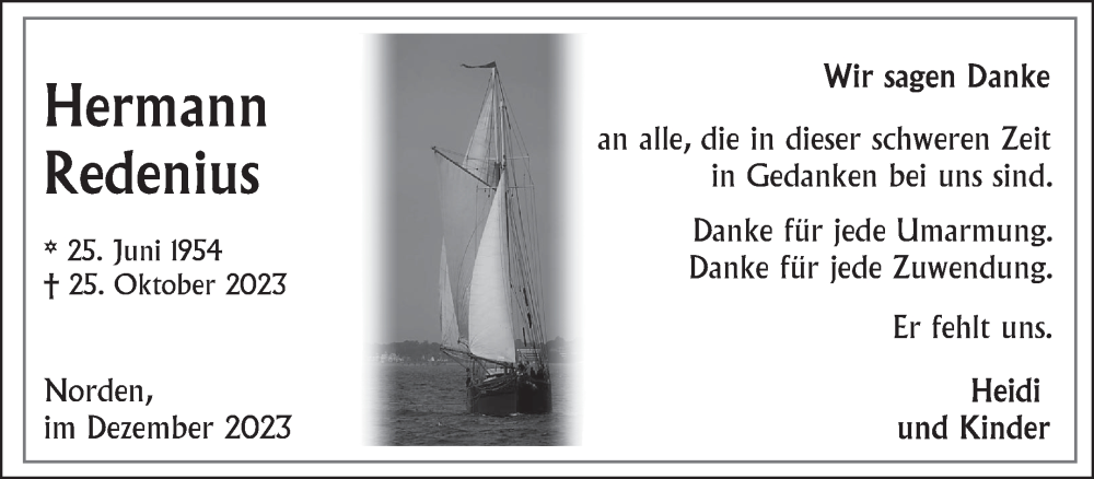  Traueranzeige für Hermann Redenius vom 09.12.2023 aus Ostfriesischer Kurier GmbH