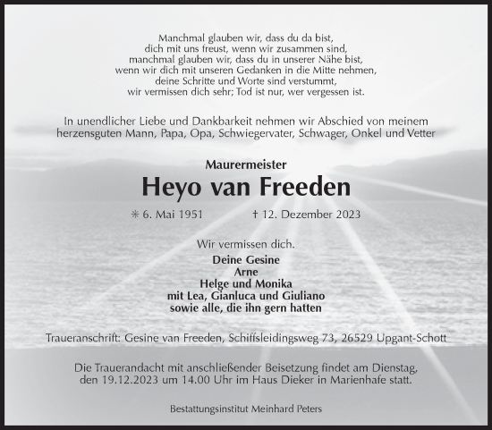 Traueranzeige von Heyo van Freeden von Ostfriesischer Kurier GmbH