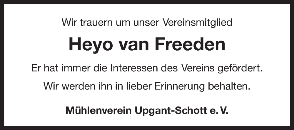  Traueranzeige für Heyo van Freeden vom 20.12.2023 aus Ostfriesischer Kurier GmbH