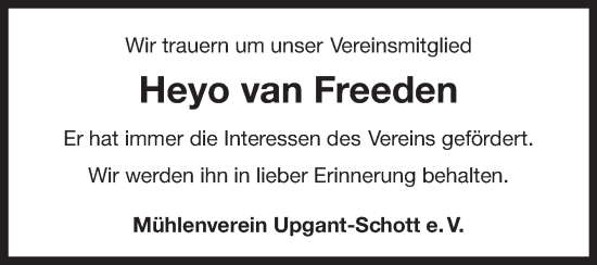Traueranzeige von Heyo van Freeden von Ostfriesischer Kurier GmbH