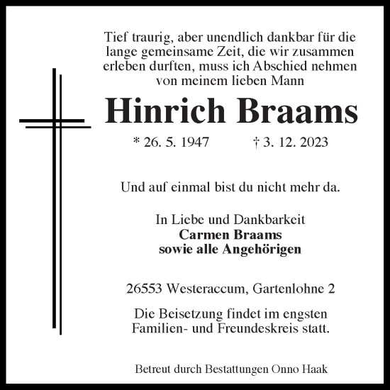 Traueranzeige von Hinrich Braams von Ostfriesischer Kurier GmbH