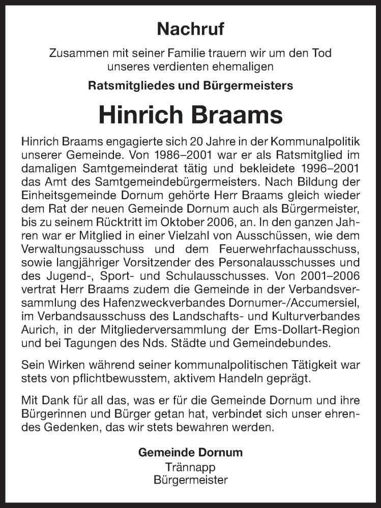  Traueranzeige für Hinrich Braams vom 07.12.2023 aus Ostfriesischer Kurier GmbH
