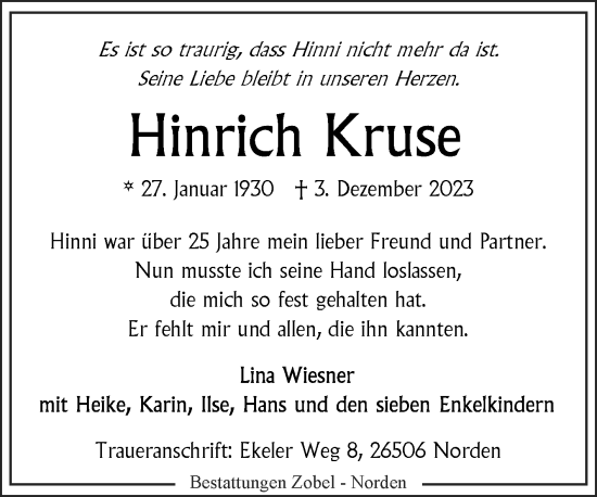 Traueranzeige von Hinrich Kruse von Ostfriesischer Kurier GmbH