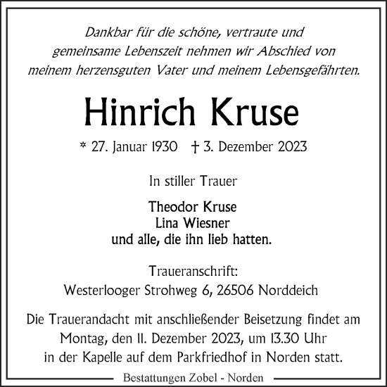 Traueranzeige von Hinrich Kruse von Ostfriesischer Kurier GmbH