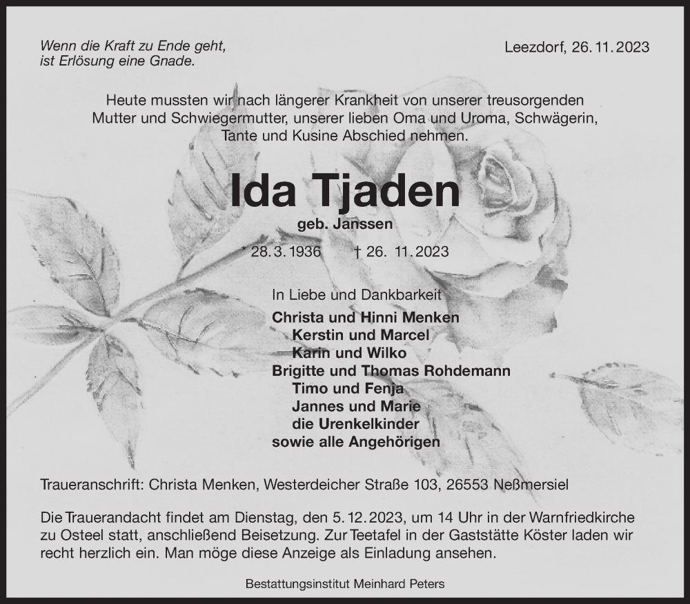  Traueranzeige für Ida Tjaden vom 02.12.2023 aus Ostfriesischer Kurier GmbH