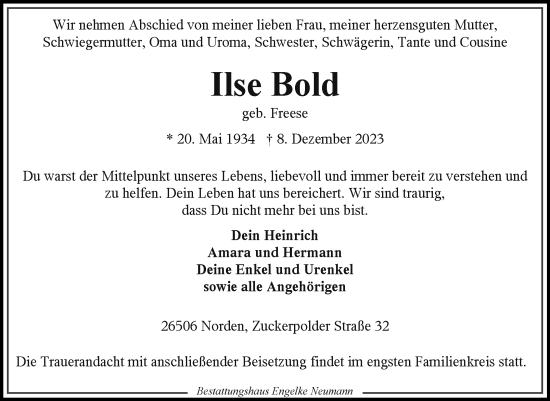 Traueranzeige von Ilse Bold von Ostfriesischer Kurier GmbH