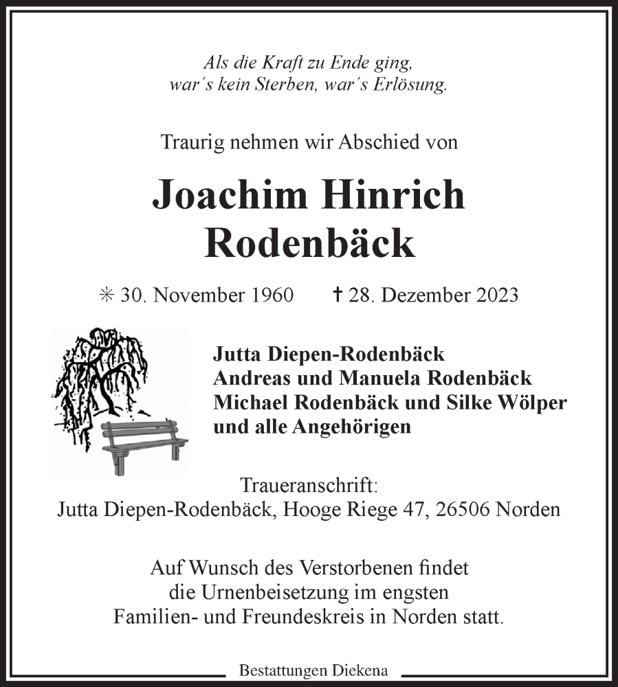  Traueranzeige für Joachim Hinrich Rodenbäck vom 30.12.2023 aus Ostfriesischer Kurier GmbH