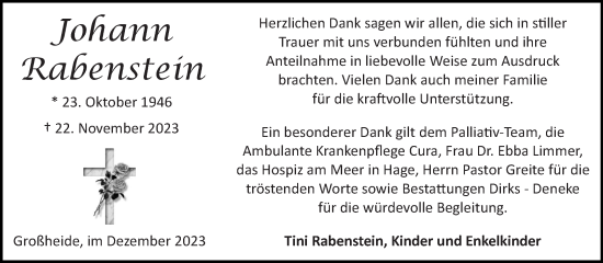 Traueranzeige von Johann Rabenstein von Ostfriesischer Kurier GmbH