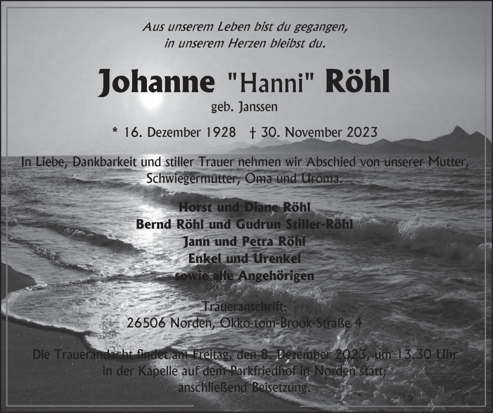  Traueranzeige für Johanne Röhl vom 02.12.2023 aus Ostfriesischer Kurier GmbH