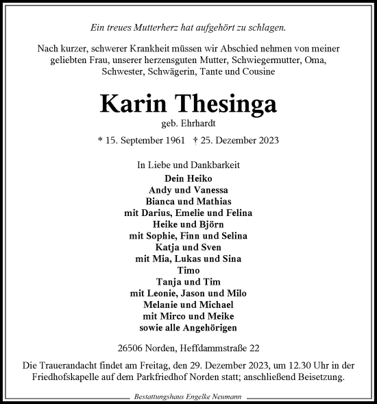 Traueranzeige von Karin Thesinga von Ostfriesischer Kurier GmbH