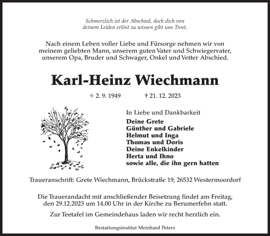 Traueranzeige von Karl-Heinz Wiechmann von Ostfriesischer Kurier GmbH