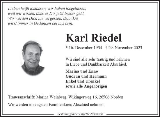Traueranzeige von Karl Riedel von Ostfriesischer Kurier GmbH