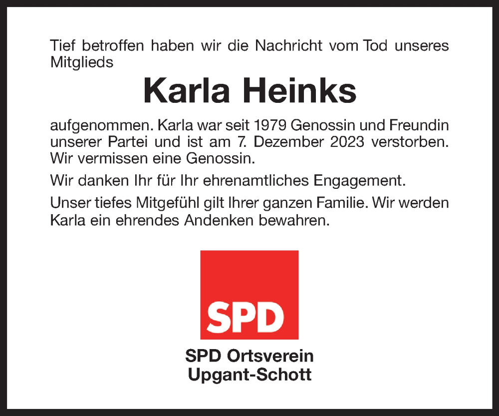  Traueranzeige für Karla Heinks vom 12.12.2023 aus Ostfriesischer Kurier GmbH