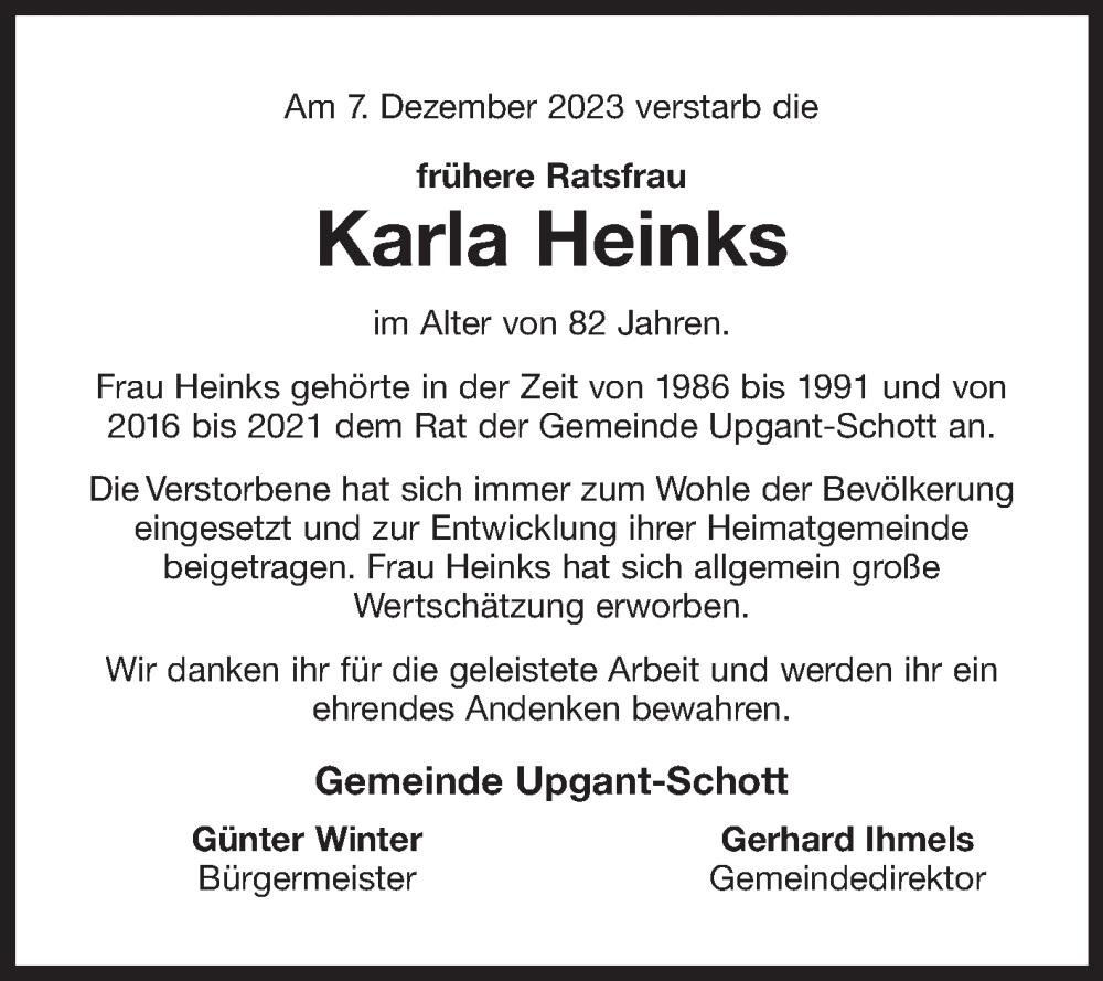  Traueranzeige für Karla Heinks vom 13.12.2023 aus Ostfriesischer Kurier GmbH