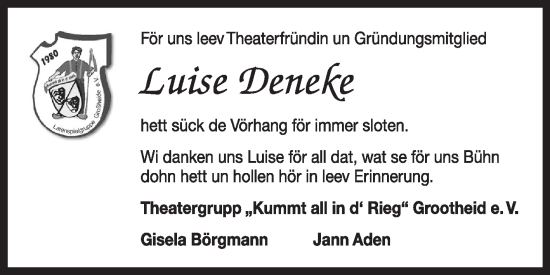 Traueranzeige von Luise Deneke von Ostfriesischer Kurier GmbH