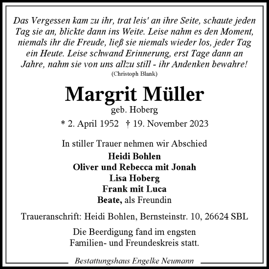 Traueranzeige von Margrit Müller von Ostfriesischer Kurier GmbH