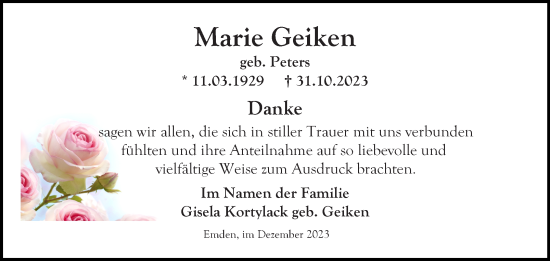 Traueranzeige von Marie Geiken von Ostfriesischer Kurier GmbH