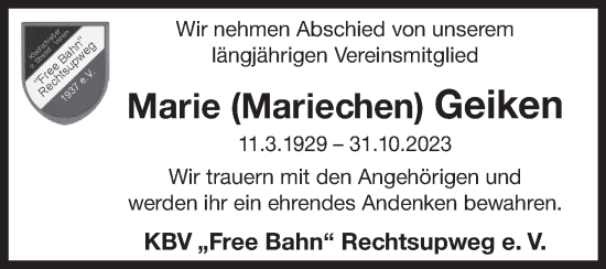Traueranzeige von Marie Geiken von Ostfriesischer Kurier GmbH
