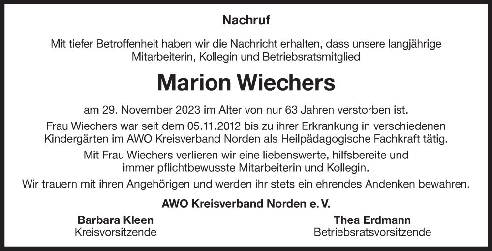  Traueranzeige für Marion Wiechers vom 09.12.2023 aus Ostfriesischer Kurier GmbH