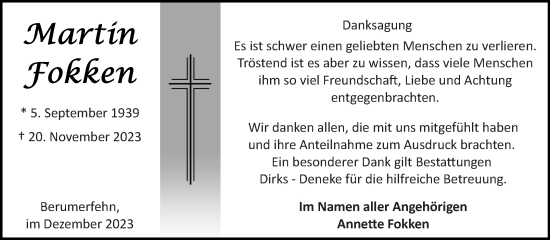 Traueranzeige von Martin Fokken von Ostfriesischer Kurier GmbH