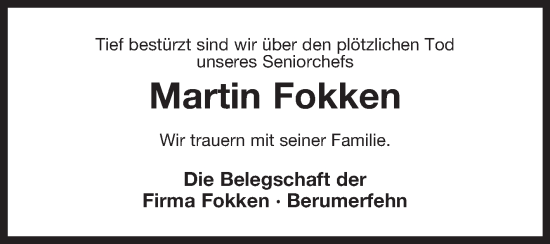 Traueranzeige von Martin Fokken von Ostfriesischer Kurier GmbH